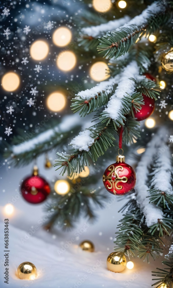 Christmas Tree With Red And Gold Ornaments And Snow Christmas Tree With Red And Gold Ornaments And Snow
