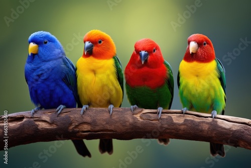 A group of colorful birds perched on a branch
