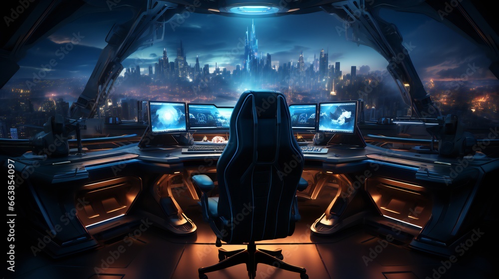 Gaming setup featuring a pristine white gaming chair bathed in the ethereal glow of fluorescent and blue lighting, intricately detailed cityscapes, blending elements of light black and cyan Gaming setup featuring a pristine white gaming chair bathed in the ethereal glow of fluorescent and blue lighting, intricately detailed cityscapes, blending elements of light black and cyan