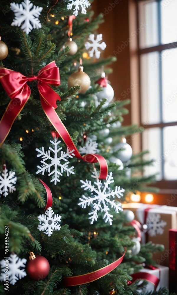 A Christmas Tree With Red And White Decorations