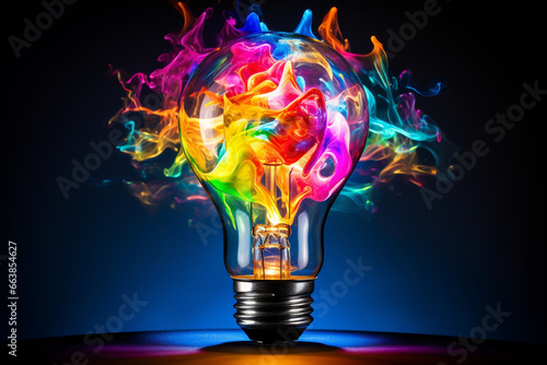 Creative light bulb explodes with colorful paint and colors. New idea, brainstorming concept, Develop and describe more about the explosion of creativity.