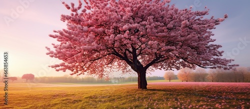 tree of Japanese sakura in spring on meadow, isolated cherry tree on the horizon. Landscapes