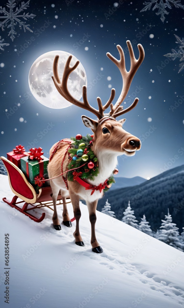 Reindeer With Christmas Wreath On His Head Reindeer With Christmas Wreath On His Head