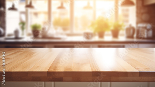 Wooden table in kitchen with sunlight coming through window