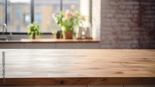 Wooden table in kitchen with sunlight coming through window