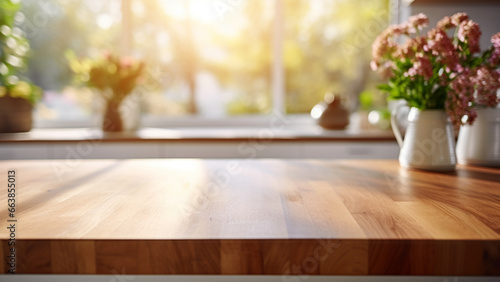 Wooden table in kitchen with sunlight coming through window