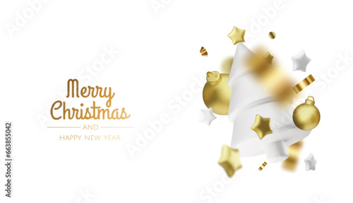 Christmas bright tree with star and balls. Merry Christmas and Happy New Year. Realistic 3d design of objects, christmas ball, Gift box, surprise gifts, gold confetti. Vector illustration