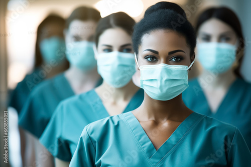 The portrait of a confident nurse wearing a green surgery mask and medical uniform with her team as a background, Generative AI.