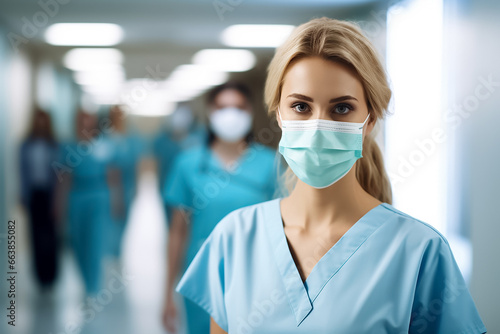 The portrait of a confident nurse wearing a green surgery mask and medical uniform with her team as a background, Generative AI. © Surachetsh