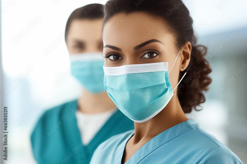 The portrait of a confident nurse wearing a green surgery mask and medical uniform with her team as a background, Generative AI. The portrait of a confident nurse wearing a green surgery mask and medical uniform with her team as a background, Generative AI.