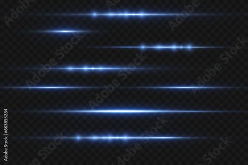 Horizontal light rays, flash blue horizontal lens flares pack, speed laser beams, glow blue line motion on transparent background, beautiful light flare, bright glare, vector illustration, eps 10