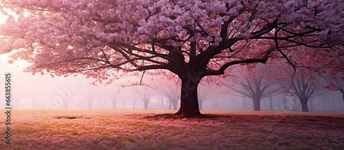 tree of Japanese sakura in spring on meadow, isolated cherry tree on the horizon. Landscapes photo