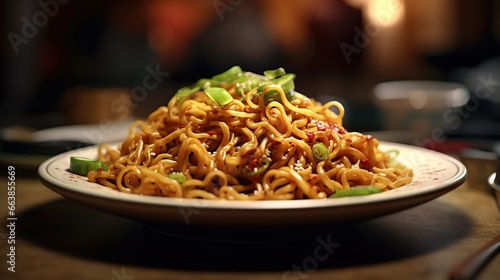 a plate of instant noodles or pasta.Thai, Chinese, and Japanese food arranged on table isolated on black background.