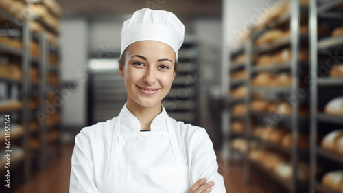 Smiling female baker looking at camera. Professional cook in uniform preparing meals in the kitchen.