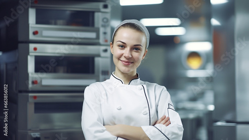 Fototapeta Naklejka Na Ścianę i Meble -  Portrait of smiling beautiful woman baker in uniform stands near the oven before the start of work bakery production of pastries.