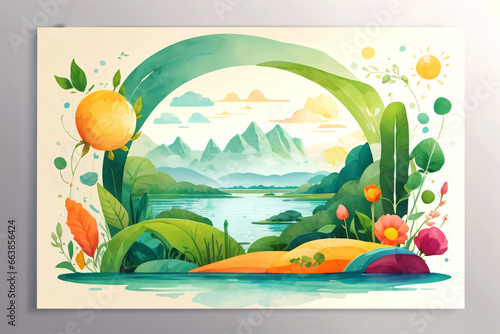 World Environment Day. Nature and landscape background  Poster  banner  watercolor art