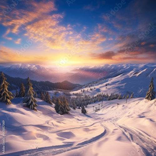 Beautiful winter landscape. Sunrise in the mountains. Ski resort. Winter holiday and travel concept.