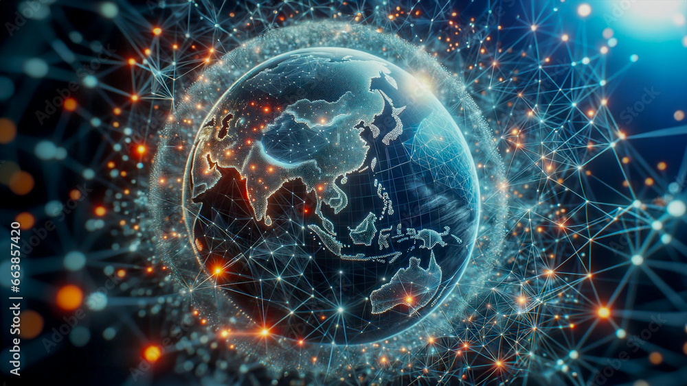 Obraz premium ソサイエティ5.0:全地球を繋ぐ超高速ネットワークとビッグデータの革命