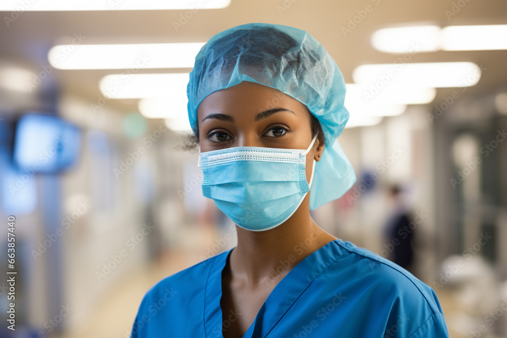 Proficient doctor in green surgical attire, dedicated in an operating room at a hospital, wearing a hygiene mask and plastic hair cover. Proficient doctor in green surgical attire, dedicated in an operating room at a hospital, wearing a hygiene mask and plastic hair cover.