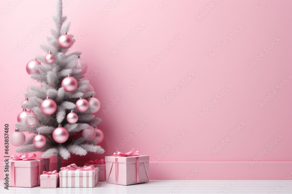 Pink Christmas Tree with present gift boxes decorated with toy balls on pink wall Pink Christmas Tree with present gift boxes decorated with toy balls on pink wall