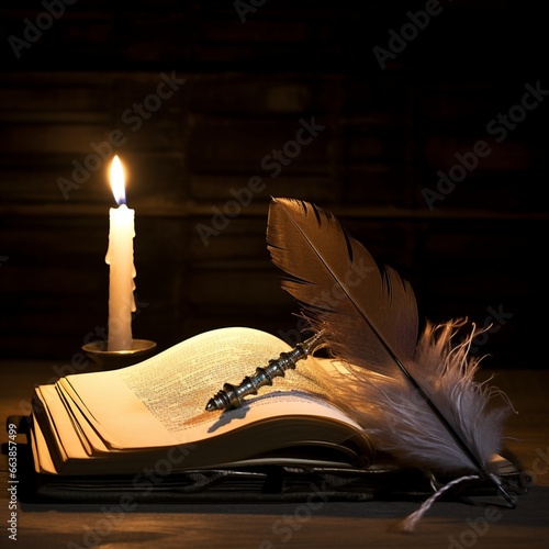 old book with feather and candle