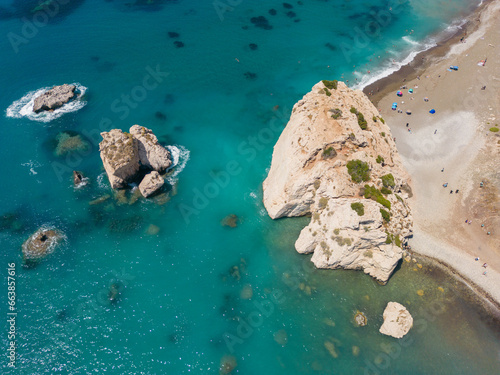 Panoramic view of Petra tou Romiou (Aphrodite's Rock) with clear blue sky in Paphos, Cyprus.