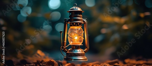 Vintage gasoline oil lantern lamp burning with a soft glow light in a dark forest with a blur natural background
