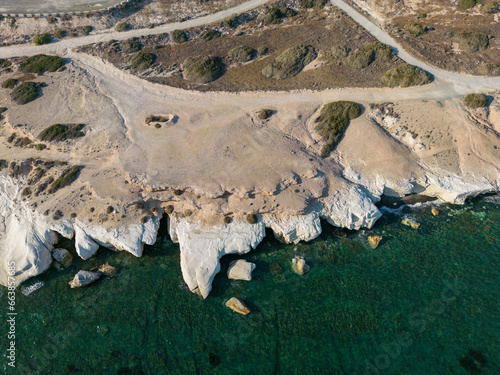Panoramic view of Governor's beach with white chalk rocky cliff in Limassol, Cyprus.