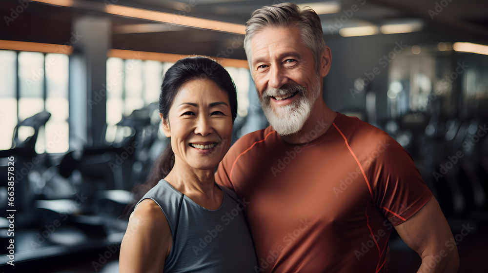 Happy senior korean, asian couple standing together in a gym after exercising - obrazy, fototapety, plakaty 