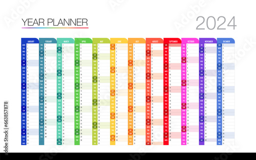  12 month year plan week and day color calendar  template design for business
