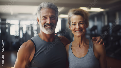 Happy senior white couple standing together in a gym after exercising