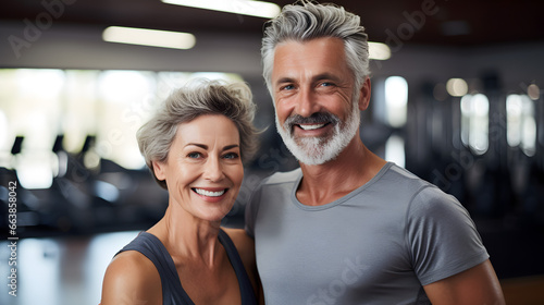 Happy senior white, caucasian couple standing together in a gym after exercising