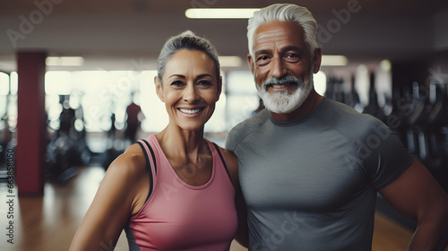 Happy senior mixed race couple standing together in a gym after exercising