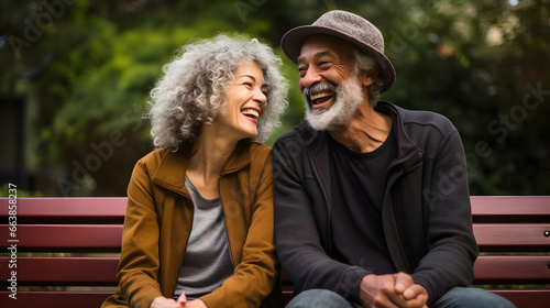 Happy senior mixed race couple sitting on a park bench smiling at each other © Munali