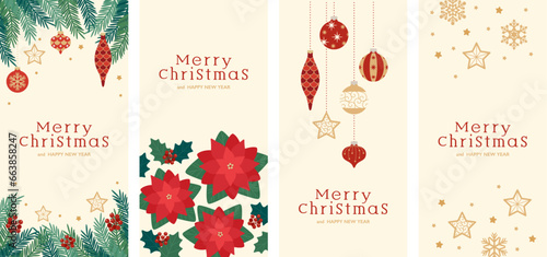 Banner set designed with Christmas ornaments and winter plants