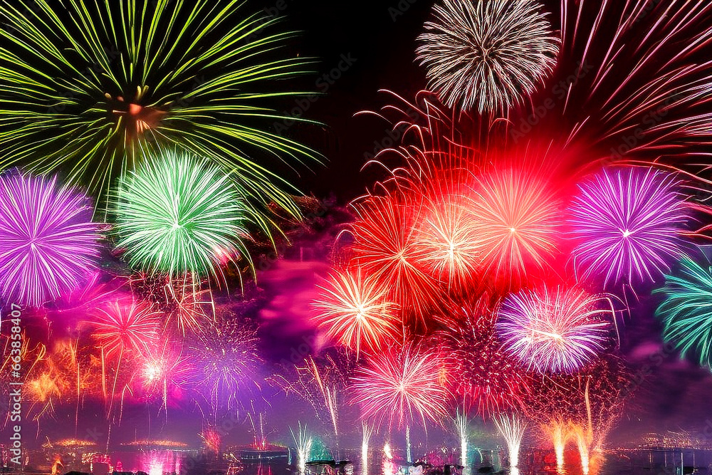 Obraz premium happy new year fireworks over a city and lake