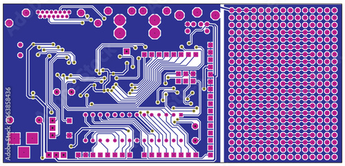 A printed circuit board of an electronic device 
with seats for
components of radio elements, conductors and 
contact pads placed on it. Vector 
engineering drawing of a pcb.