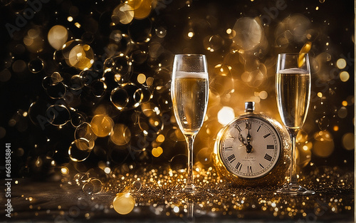 Time to Toast: Festive Champagne glasses with clock and Christmas decor, ushering in the New Year
