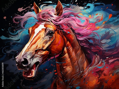 Colorful horse art on isolated black background generative ai