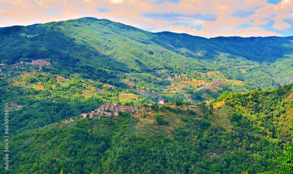 mountain landscape of the Valleriana, a Tuscan area that extends across the Pistoia Apennines nicknamed Switzerland Pesciatina in the province of Pistoia, Italy