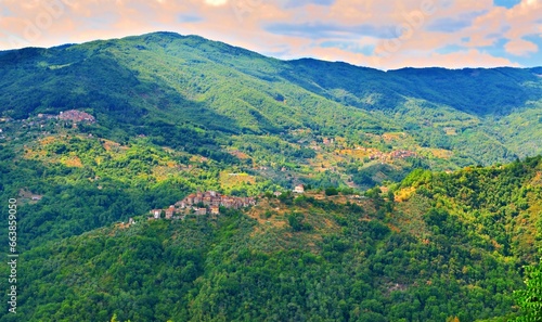 mountain landscape of the Valleriana, a Tuscan area that extends across the Pistoia Apennines nicknamed Switzerland Pesciatina in the province of Pistoia, Italy