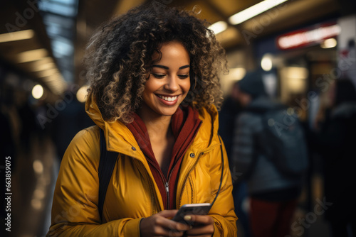 happy hispanic woman with curly hair using mobile phone on subway