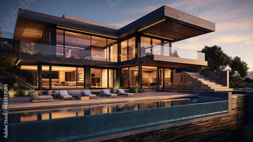 Modern house with swimming pool at sunset. Luxury villa © Hung