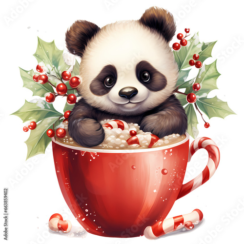 Cute Panda Bear On Christmas Mug Clipart Illustration
