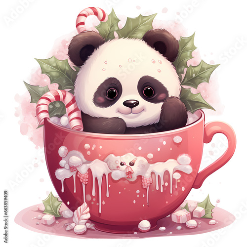 Cute Panda Bear On Christmas Mug Clipart Illustration