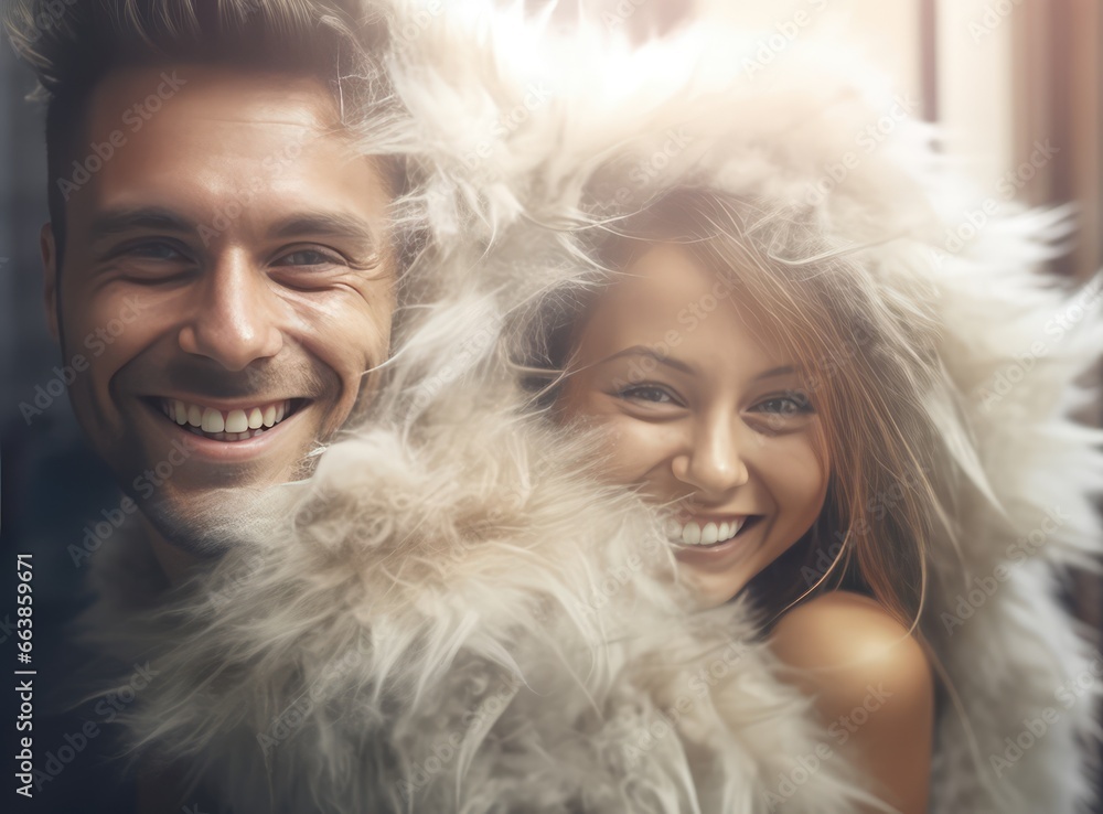 A happy couple poses together in a snowy, furry atmosphere. Fictional characters created by Generated AI. A happy couple poses together in a snowy, furry atmosphere. Fictional characters created by Generated AI.