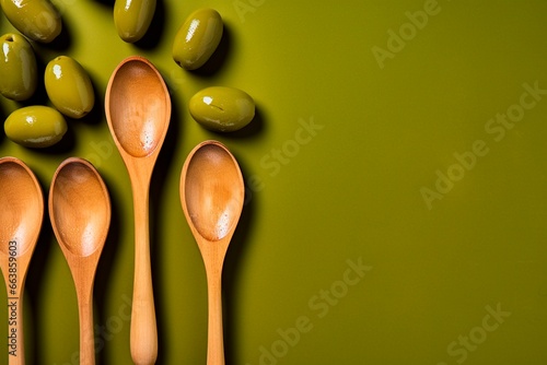 Olives in olive oil on a wooden spoon on a green background. Generated AI photo