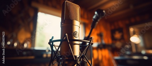 recording studio microphone and pop shield on mic. Performance and show in the music business equipment. photo