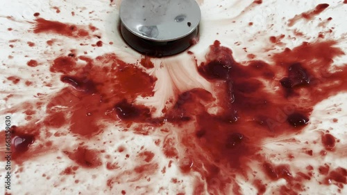 Human blood slowly drips and spreads over a clean white sink, 4k