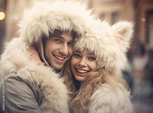 A happy couple with big smiles and fluffy winter coats. Fictional characters created by Generated AI. photo